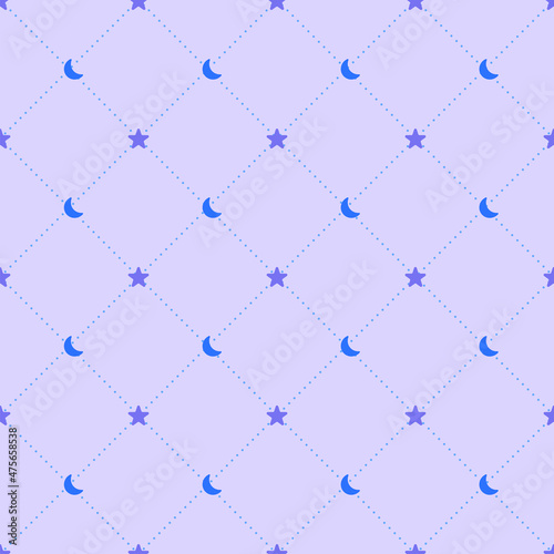 Night Sky Space Galaxy Blue Purple Violet Lilac Star Moon Diagonal Dash Line Seamless Panttern Cartoon Illustration, Mat, Fabric, Textile, Scarf, Wrapping Paper