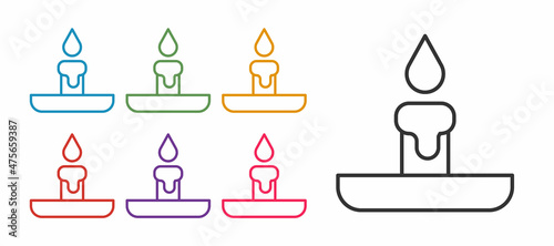 Set line Burning candle in candlestick icon isolated on white background. Cylindrical candle stick with burning flame. Set icons colorful. Vector