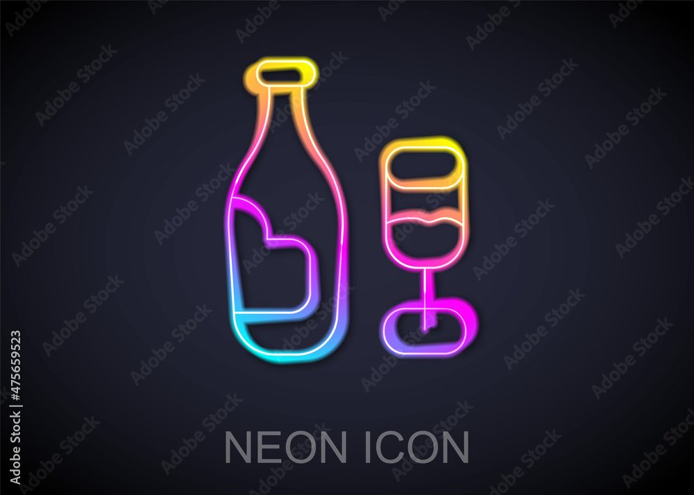 Glowing neon line Wine bottle with glass icon isolated on black background. Vector Glowing neon line Wine bottle with glass icon isolated on black background. Vector