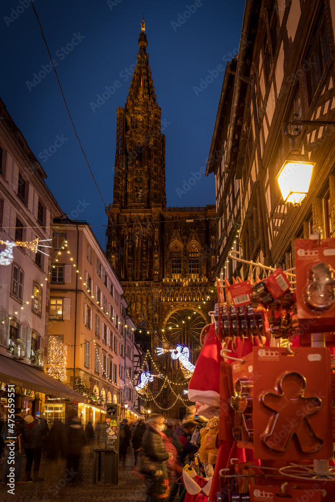 Cathedral in the background in Strasbourg at Christmas in France on December 6, 2021