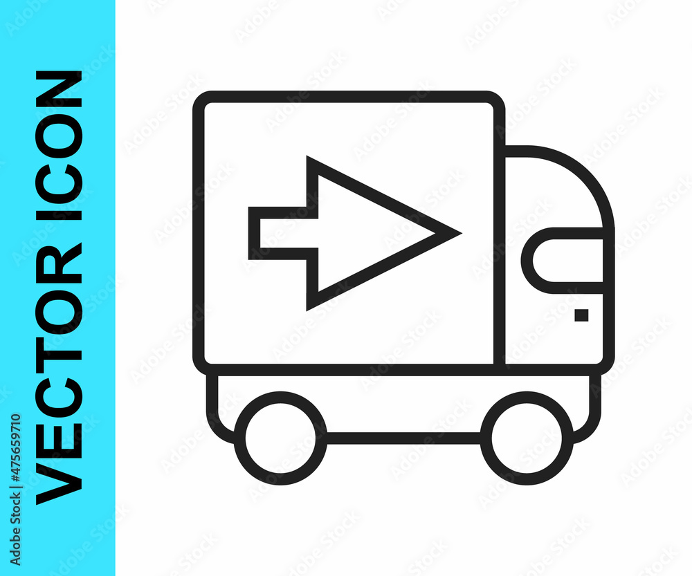 Black line Delivery cargo truck vehicle icon isolated on white background. Vector Black line Delivery cargo truck vehicle icon isolated on white background. Vector