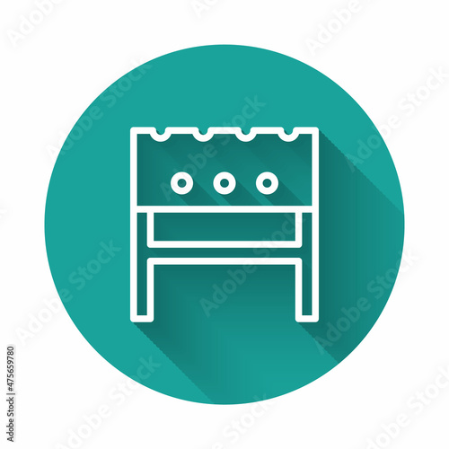 White line BBQ brazier icon isolated with long shadow background. Green circle button. Vector