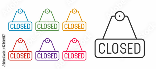 Set line Hanging sign with text Closed icon isolated on white background. Business theme for cafe or restaurant. Set icons colorful. Vector