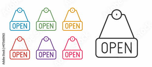Set line Hanging sign with text Open door icon isolated on white background. Set icons colorful. Vector
