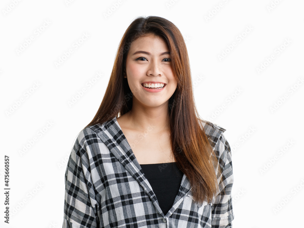Portrait isolated closeup studio shot of Asian happy cheerful beautiful pretty long hair female model in black and gray plaid shirt wearing makeup standing smiling look at camera on white background Portrait isolated closeup studio shot of Asian happy cheerful beautiful pretty long hair female model in black and gray plaid shirt wearing makeup standing smiling look at camera on white background