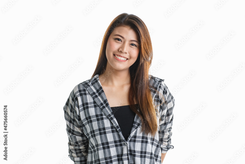 Portrait isolated closeup studio shot of Asian happy cheerful beautiful pretty long hair female model in black and gray plaid shirt wearing makeup standing smiling look at camera on white background Portrait isolated closeup studio shot of Asian happy cheerful beautiful pretty long hair female model in black and gray plaid shirt wearing makeup standing smiling look at camera on white background