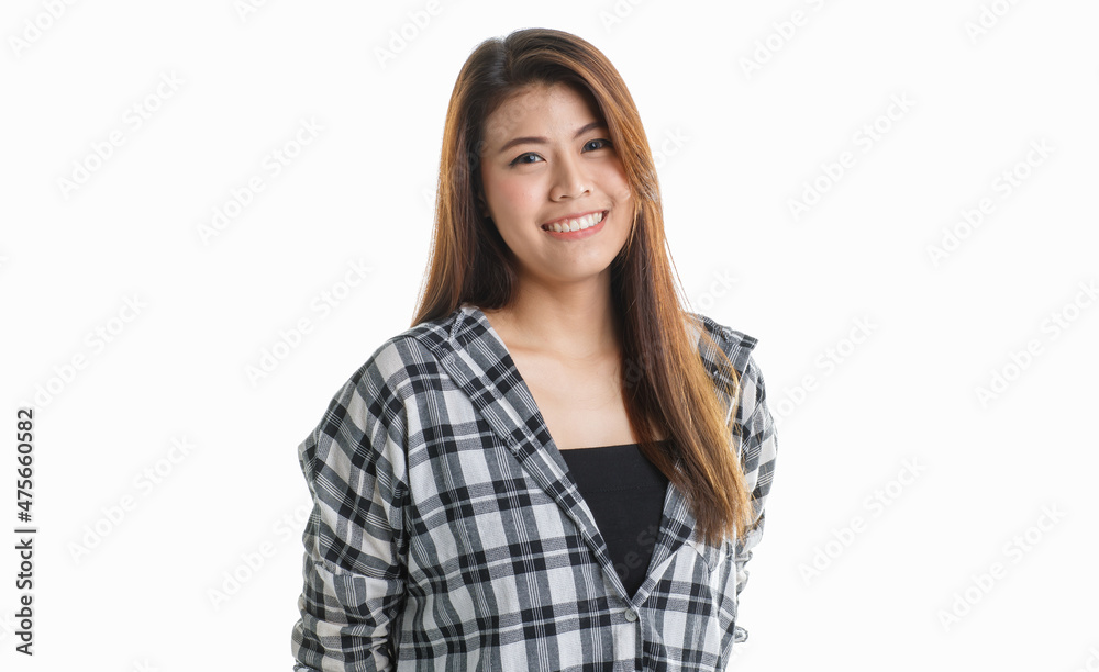 Portrait isolated closeup studio shot of Asian happy cheerful beautiful pretty long hair female model in black and gray plaid shirt wearing makeup standing smiling look at camera on white background Portrait isolated closeup studio shot of Asian happy cheerful beautiful pretty long hair female model in black and gray plaid shirt wearing makeup standing smiling look at camera on white background