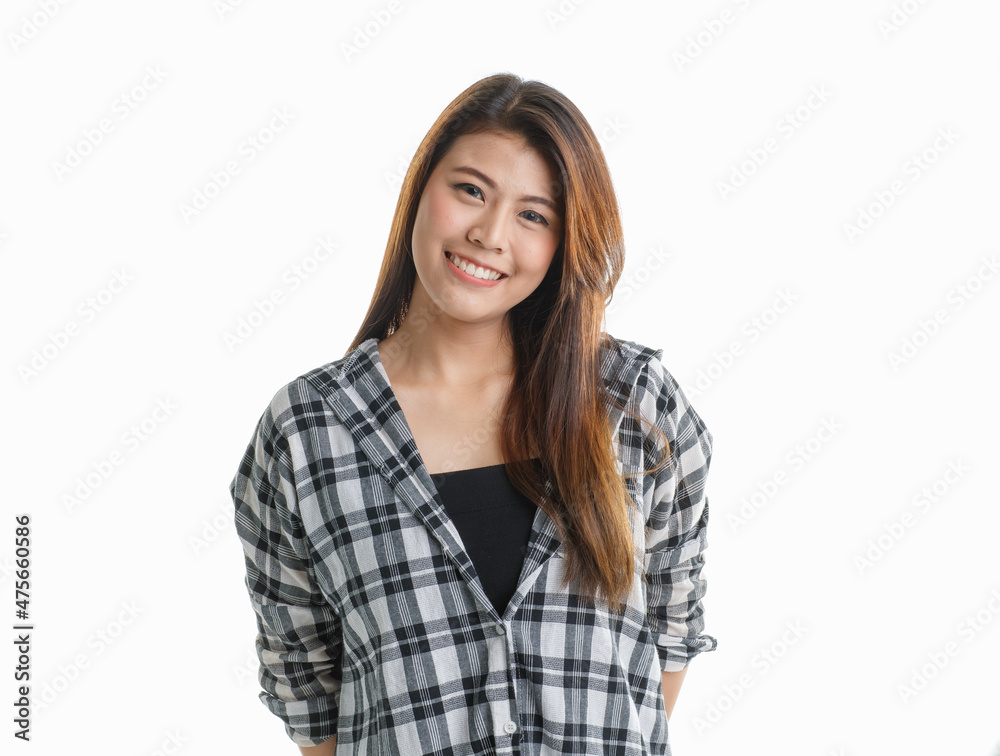 Portrait isolated closeup studio shot of Asian happy cheerful beautiful pretty long hair female model in black and gray plaid shirt wearing makeup standing smiling look at camera on white background Portrait isolated closeup studio shot of Asian happy cheerful beautiful pretty long hair female model in black and gray plaid shirt wearing makeup standing smiling look at camera on white background