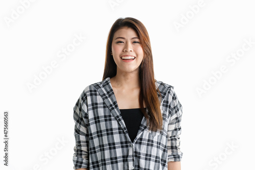 Portrait isolated closeup studio shot of Asian happy cheerful beautiful pretty long hair female model in black and gray plaid shirt wearing makeup standing smiling look at camera on white background