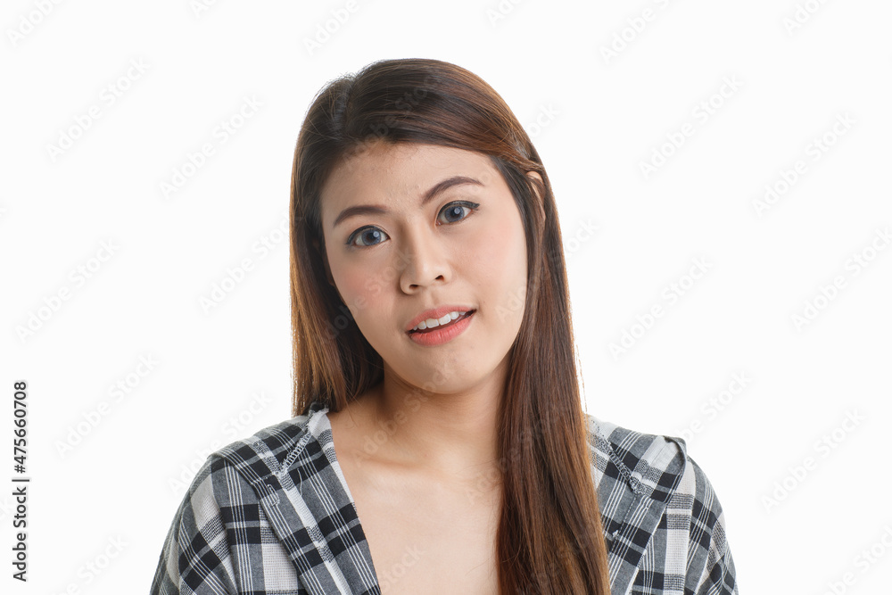 Portrait isolated closeup studio shot of Asian happy cheerful beautiful pretty long hair female model in black and gray plaid shirt wearing makeup standing smiling look at camera on white background Portrait isolated closeup studio shot of Asian happy cheerful beautiful pretty long hair female model in black and gray plaid shirt wearing makeup standing smiling look at camera on white background