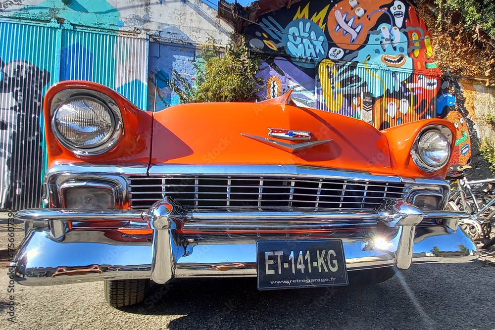 Chevrolet Bel Air logo brand chevy sign text front hood car orange