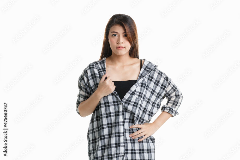 Portrait isolated closeup studio shot of Asian happy cheerful beautiful pretty long hair female model in black and gray plaid shirt wearing makeup standing smiling look at camera on white background Portrait isolated closeup studio shot of Asian happy cheerful beautiful pretty long hair female model in black and gray plaid shirt wearing makeup standing smiling look at camera on white background