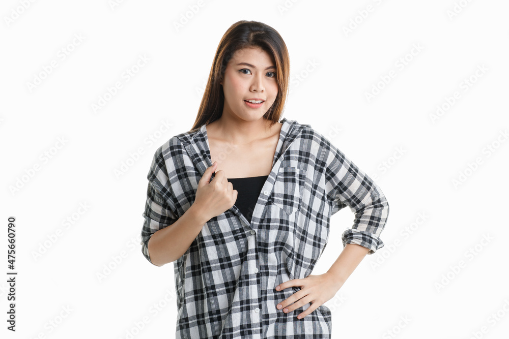 Portrait isolated closeup studio shot of Asian happy cheerful beautiful pretty long hair female model in black and gray plaid shirt wearing makeup standing smiling look at camera on white background Portrait isolated closeup studio shot of Asian happy cheerful beautiful pretty long hair female model in black and gray plaid shirt wearing makeup standing smiling look at camera on white background