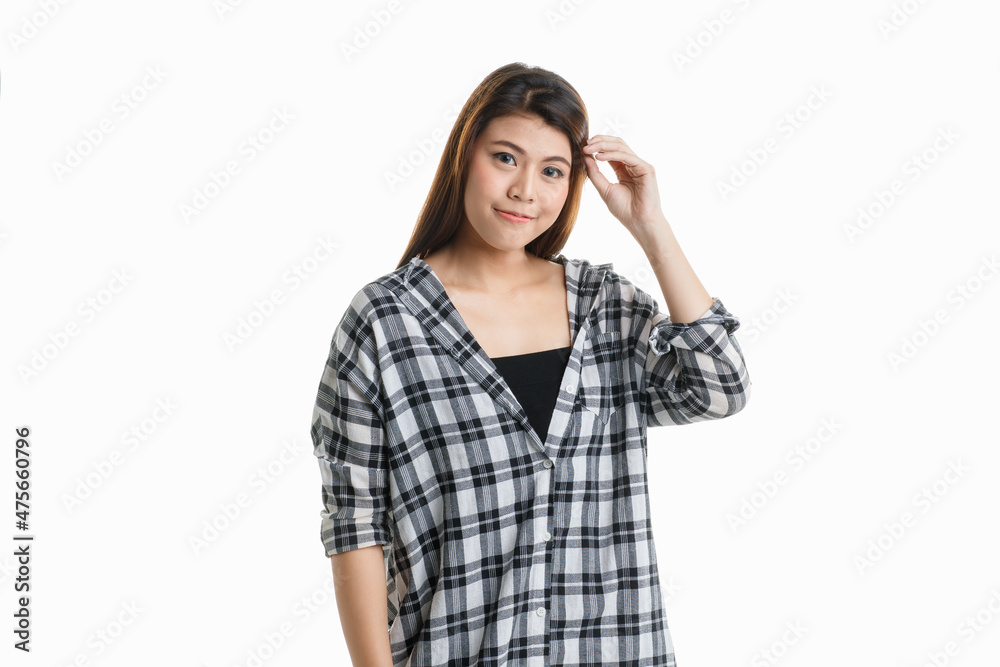 Portrait isolated closeup studio shot of Asian happy cheerful beautiful pretty long hair female model in black and gray plaid shirt wearing makeup standing smiling look at camera on white background Portrait isolated closeup studio shot of Asian happy cheerful beautiful pretty long hair female model in black and gray plaid shirt wearing makeup standing smiling look at camera on white background