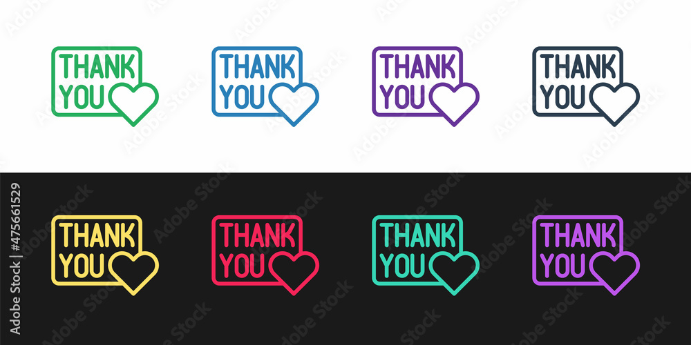 Set line Thank you with heart icon isolated on black and white background. Handwritten lettering. Vector