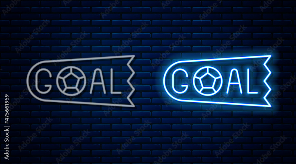 Fototapeta premium Glowing neon line Goal soccer football icon isolated on brick wall background. Vector