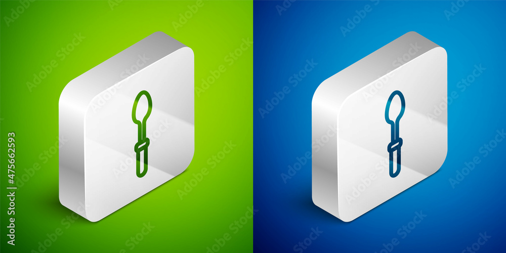 Isometric line Teaspoon icon isolated on green and blue background. Cooking utensil. Cutlery sign. Silver square button. Vector Isometric line Teaspoon icon isolated on green and blue background. Cooking utensil. Cutlery sign. Silver square button. Vector