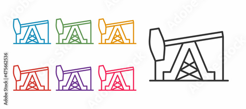 Set line Oil pump or pump jack icon isolated on white background. Oil rig. Set icons colorful. Vector