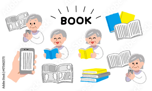 本・電子書籍を読むシニア人物セット