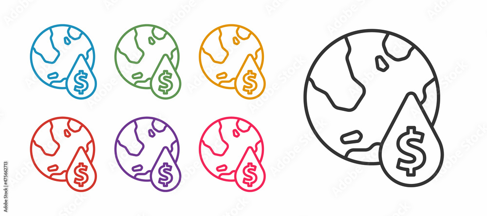 Set line Oil drop with dollar symbol icon isolated on white background. Oil price. Oil and petroleum industry. Set icons colorful. Vector Set line Oil drop with dollar symbol icon isolated on white background. Oil price. Oil and petroleum industry. Set icons colorful. Vector
