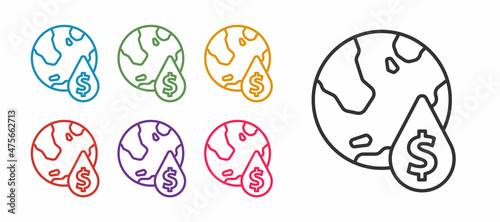 Set line Oil drop with dollar symbol icon isolated on white background. Oil price. Oil and petroleum industry. Set icons colorful. Vector