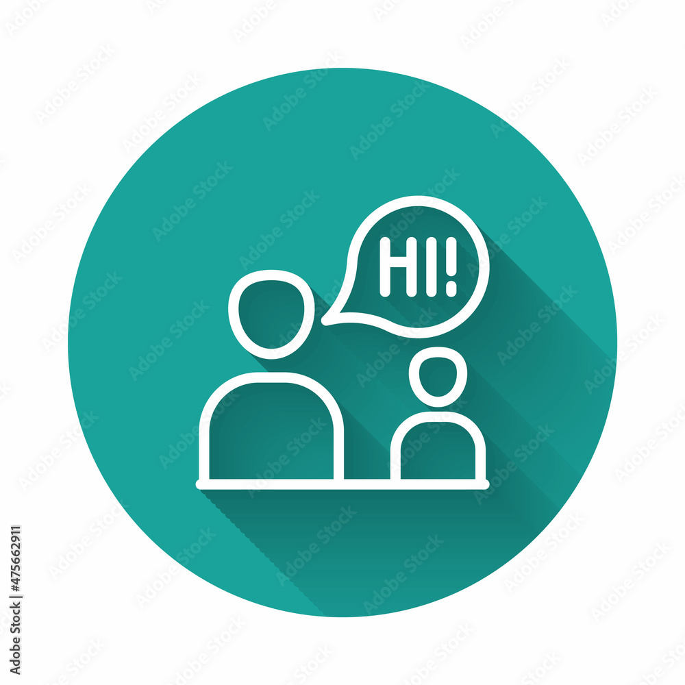 White line Two sitting men talking icon isolated with long shadow background. Speech bubble chat. Message icon. Communication or comment chat symbol. Green circle button. Vector White line Two sitting men talking icon isolated with long shadow background. Speech bubble chat. Message icon. Communication or comment chat symbol. Green circle button. Vector