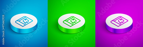 Isometric line Translator book icon isolated on blue, green and purple background. Foreign language conversation icons in chat speech bubble. Translating concept. White circle button. Vector