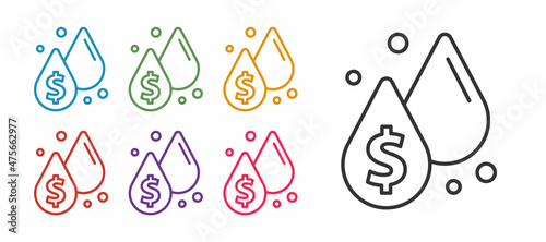 Set line Oil drop with dollar symbol icon isolated on white background. Oil price. Oil and petroleum industry. Set icons colorful. Vector
