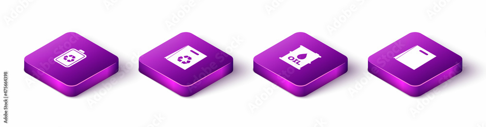 Set Isometric Battery with recycle, Shopping bag, Oil barrel and icon. Vector Set Isometric Battery with recycle, Shopping bag, Oil barrel and icon. Vector
