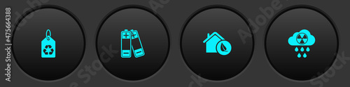 Set Tag with recycle, Battery, Eco friendly house and Acid rain and radioactive cloud icon. Vector