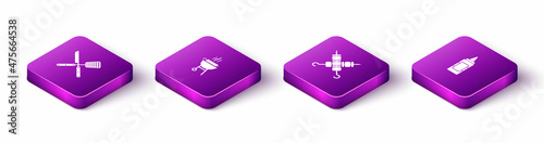 Set Isometric Crossed knife and spatula, Barbecue grilled shish kebab, Grilled and Mustard bottle icon. Vector