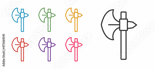 Set line Medieval axe icon isolated on white background. Battle axe, executioner axe. Medieval weapon. Set icons colorful. Vector