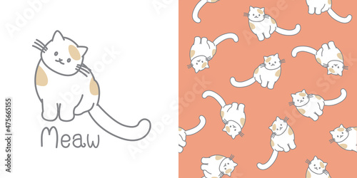 Cat cute cartoons pattern. doodle cat on pink background. The seamless cute pattern and one character for T-shirt vector design for fashion, wrapping paper, background, wallpaper.