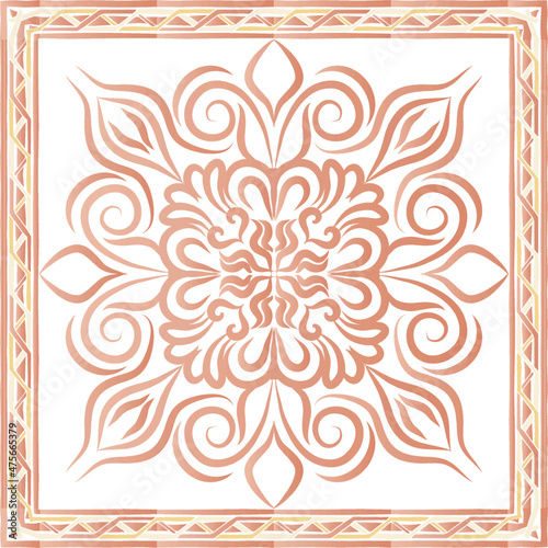  scarf pattern design on red. Geometric ornament with frame, border. Bandanna, shawl, scarf, tablecloth design for textile fabric print 