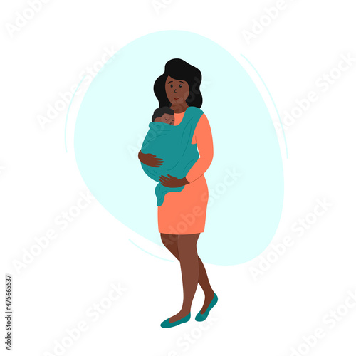 Happy african american woman with baby carrier. Mother holding newborn in sling. Child is wrapped in babycarrier and sleeping. Vector flat illustration