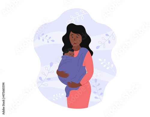 Baby carrier. Happy african american mother holding newborn in sling. Child is wrapped in babycarrier and sleeping. Vector flat illustration