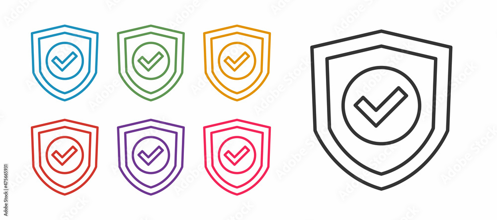 Set line Shield with check mark icon isolated on white background. Protection symbol. Security check Icon. Tick mark approved icon. Set icons colorful. Vector Set line Shield with check mark icon isolated on white background. Protection symbol. Security check Icon. Tick mark approved icon. Set icons colorful. Vector