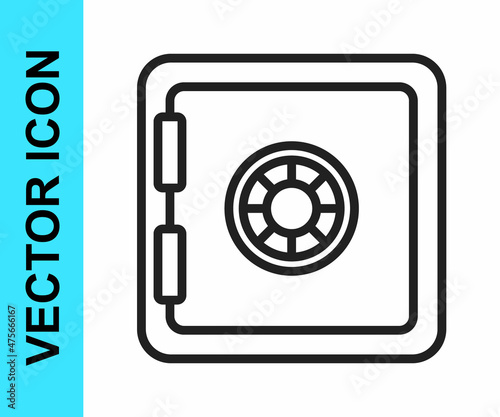 Black line Safe icon isolated on white background. The door safe a bank vault with a combination lock. Reliable Data Protection. Vector