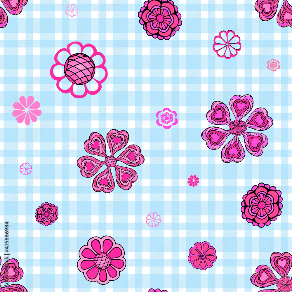 Abstract flowers random seamless pattern on blue gingham background. Pink floral motifs irregular repeat surface design. Cute girlish endless texture. Textile, gift paper or copybook cover background. Abstract flowers random seamless pattern on blue gingham background. Pink floral motifs irregular repeat surface design. Cute girlish endless texture. Textile, gift paper or copybook cover background.