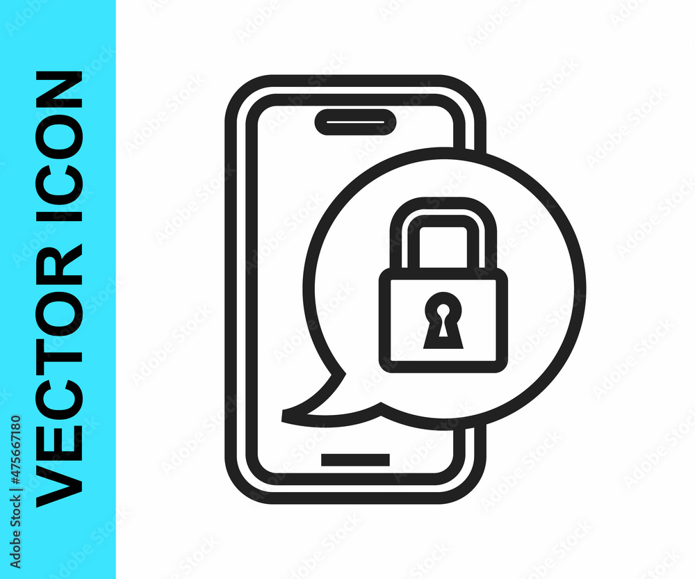 Black line Smartphone with closed padlock icon isolated on white background. Phone with lock. Mobile security, safety, protection concept. Vector Black line Smartphone with closed padlock icon isolated on white background. Phone with lock. Mobile security, safety, protection concept. Vector