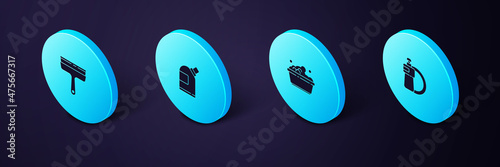 Set Isometric Dishwashing liquid bottle and plate, Plastic basin with soap suds, Bottles for cleaning agent and Rubber cleaner windows icon. Vector