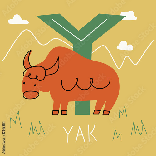 Vector flat illustration for children's alphabet. The letter Y and a yak in the background.