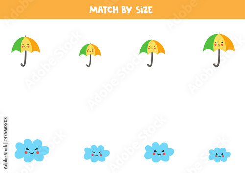 Matching game for preschool kids. Match clouds and umbrellas by size.