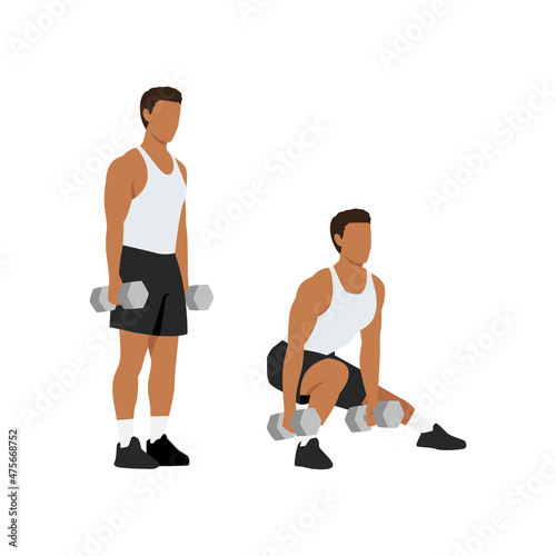Man doing Dumbbell side lunges. Lateral lunges exercise. Flat vector illustration isolated on white background