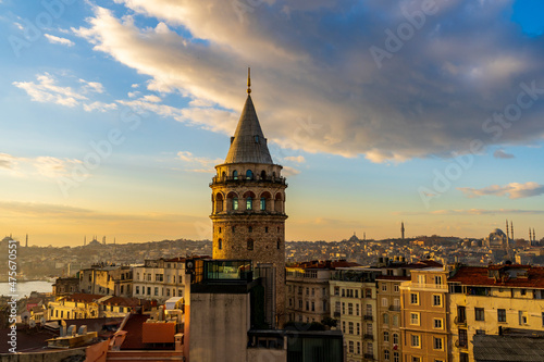 Istanbul Galata Tower view from top. Natural clouds and blue sky