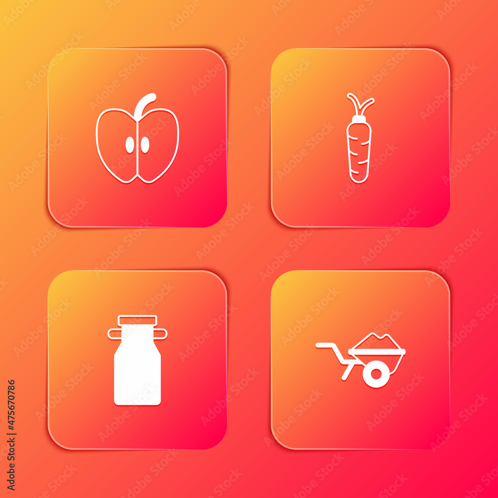 Set Apple, Carrot, Can container for milk and Wheelbarrow with dirt icon. Vector Set Apple, Carrot, Can container for milk and Wheelbarrow with dirt icon. Vector