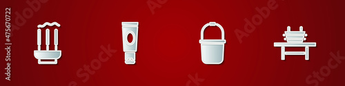 Set Incense sticks, Cream or lotion cosmetic tube, Sauna bucket and bench with icon. Vector