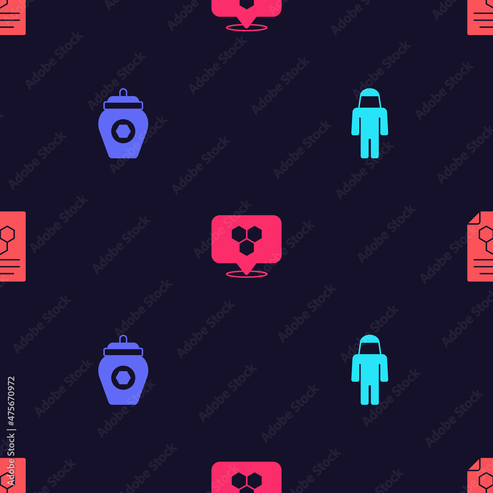 Set Beekeeper with protect hat, Jar of honey, Honeycomb bee location and on seamless pattern. Vector Set Beekeeper with protect hat, Jar of honey, Honeycomb bee location and on seamless pattern. Vector