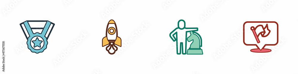 Set Medal, Rocket ship, Chess and Flag icon. Vector Set Medal, Rocket ship, Chess and Flag icon. Vector