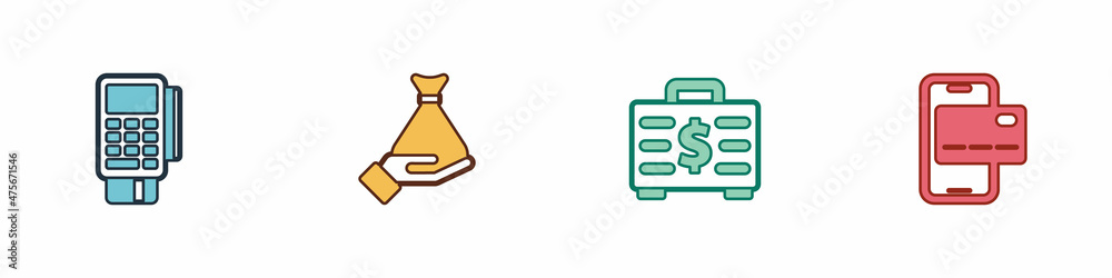 Set POS terminal with credit card, Money hand, Briefcase money and Mobile banking icon. Vector Set POS terminal with credit card, Money hand, Briefcase money and Mobile banking icon. Vector